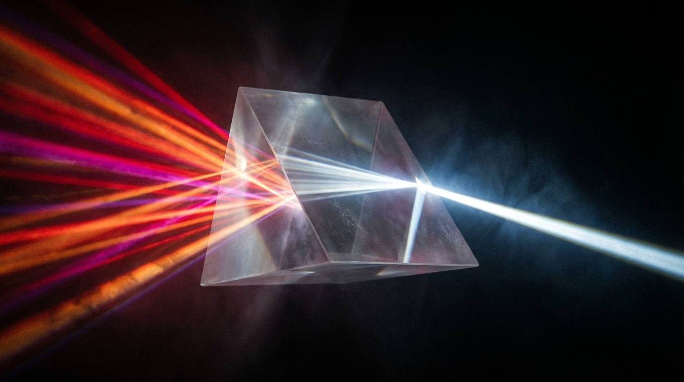 A glass prism in darkness, chaotic multicolored light entering from all directions and compressing into a single precise beam — representing consciousness as a compression algorithm