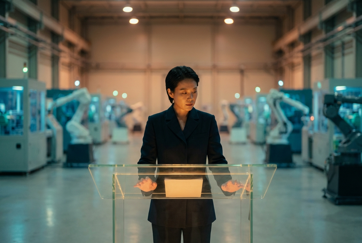 A person standing at a minimal control console, with a vast autonomous system operating behind them — human judgment at decision points governing larger automated processes