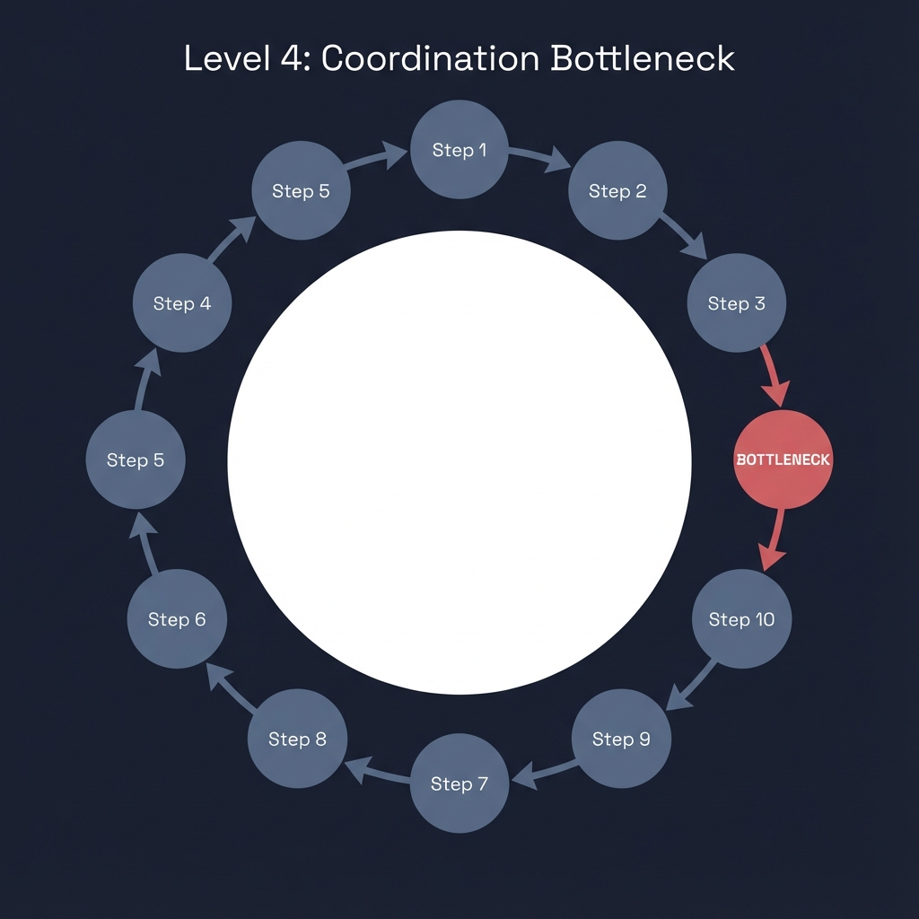 Level 4: Coordination Bottleneck - Circular Workflow with Red Bottleneck